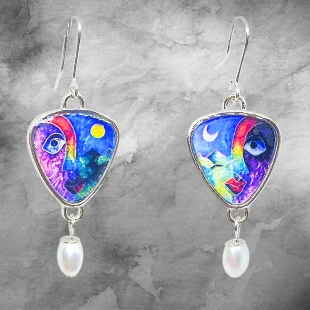 Art Rainbow Face Pendant Earrings - Faux Pearl Silver Tone Drop Earrings